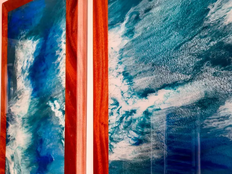 Ocean wave resin art in three panels, photo 6 of 8, as taken