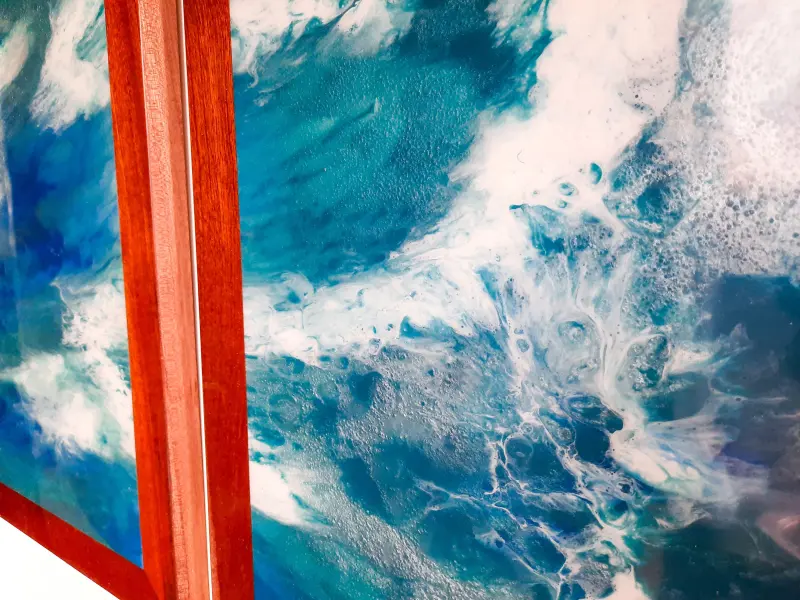 Ocean wave resin art in three panels, photo 7 of 8, as taken