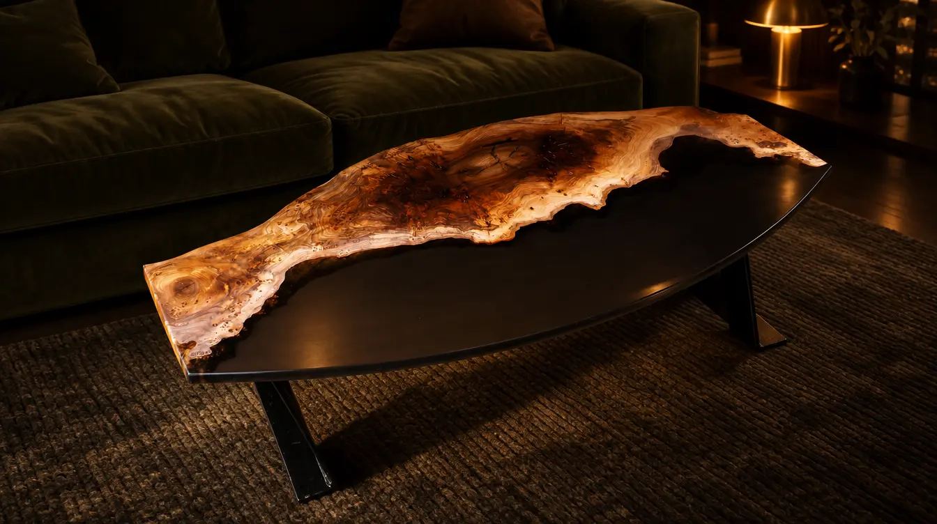 Oval elm and black resin coffee table: Elm, translucent black resin. Sold