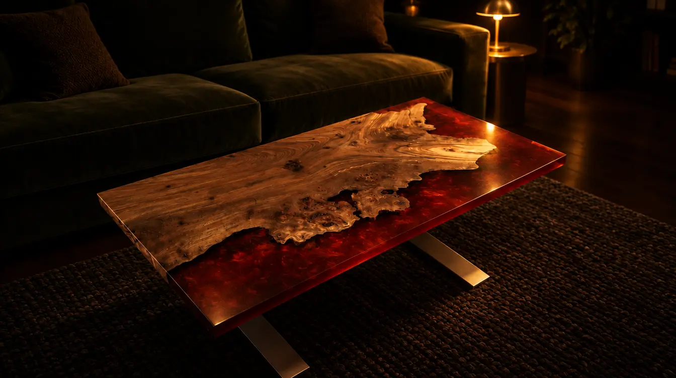 Elm and red river coffee table: Elm, red resin river, sold, in an AI-staged room. The table is the real one.
