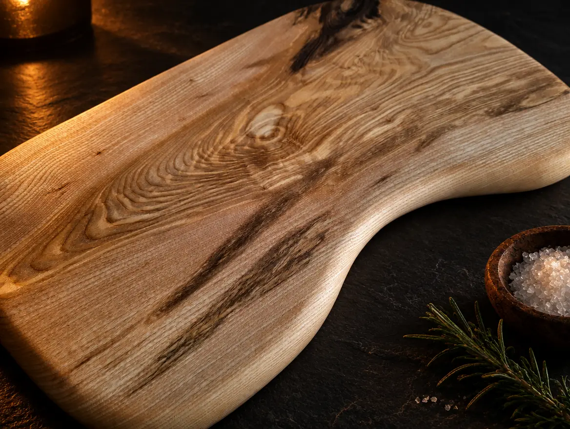 Ash heartwood butcher's block: Ash heartwood, hand-carved shape. Sold