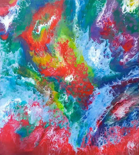 Large colourful resin painting: Large, red, green, blue and white
