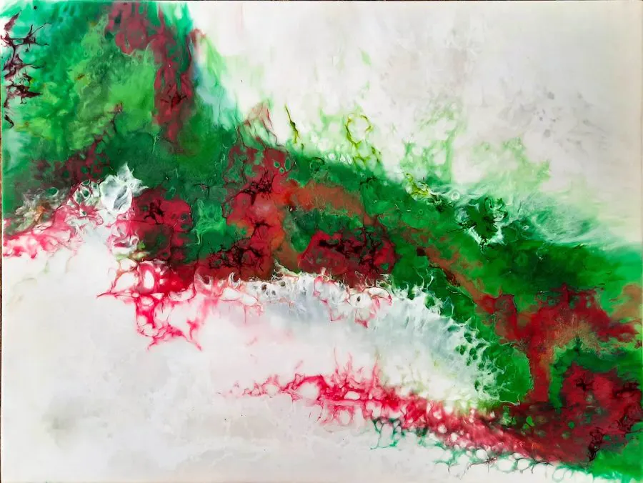 Emerald green and red resin wall art: Emerald green and red on white