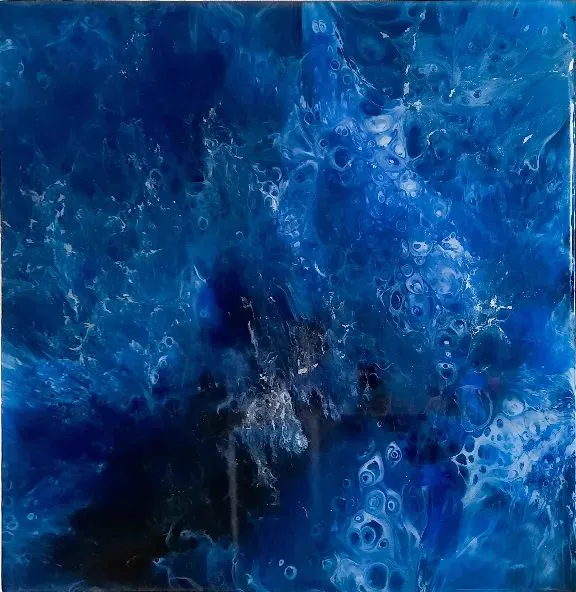 Dark blue and black resin painting: Medium, deep blue, black and silver