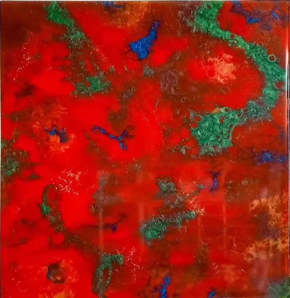 Small red and green resin painting: Small, minimal red and green