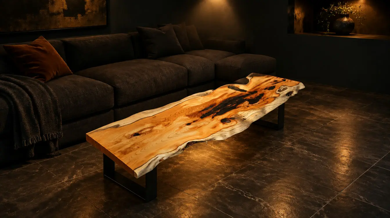 Yew live-edge coffee table: Yew, hand-carved live edge, in an AI-staged room. The table is the real one.
