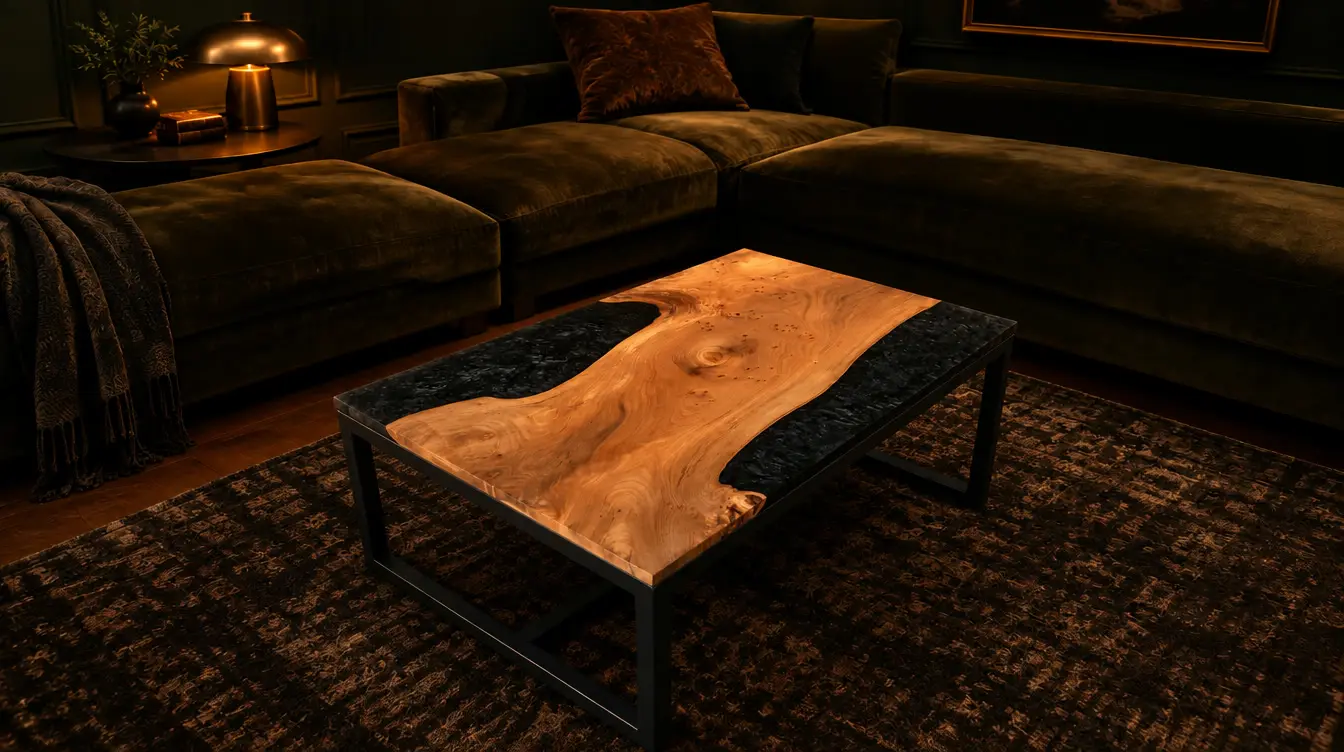 Elm and black resin coffee table: Elm, charcoal-black resin, in an AI-staged room. The table is the real one.