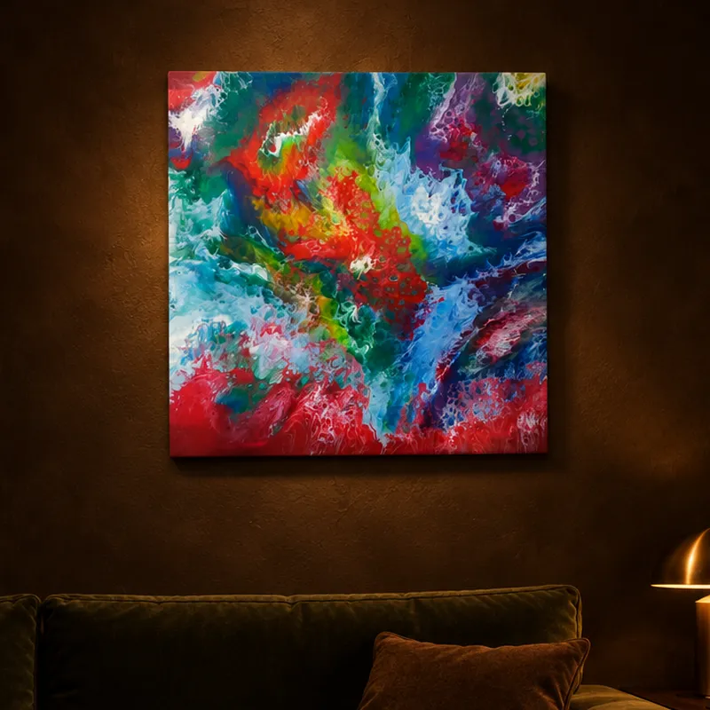 Large colourful resin painting: Large, red, green, blue and white